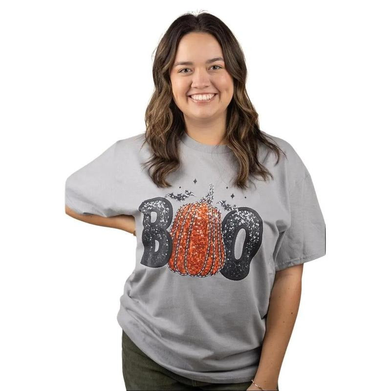 Faux Sequin Boo Transfer Short Sleeve Relaxed Fit T-Shirt Hoodie, Sweatshirt | UrbanDripWear.com