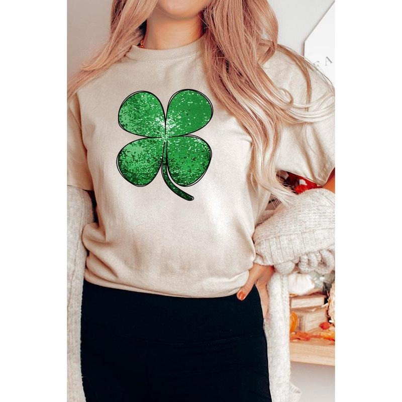 Faux Sequin Lucky Clover Transfer Short Sleeve Relaxed Fit T-Shirt Hoodie, Sweatshirt | UrbanDripWear.com