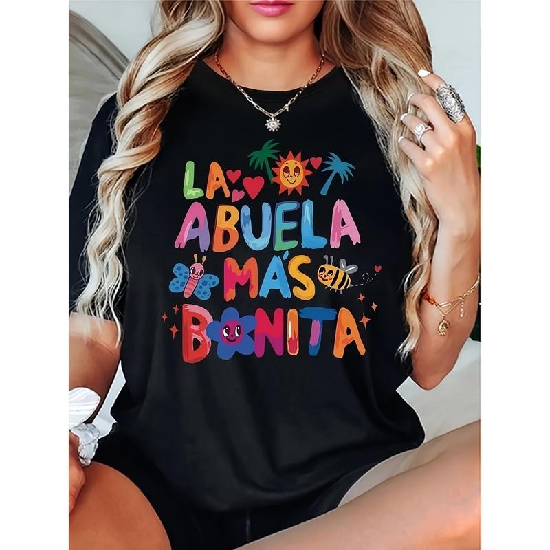 Female Letter Butterfly Flower Print T-shirt, Casual And Comfortable Round Neck Short Sleeve Hoodie, Sweatshirt