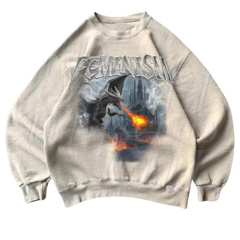 Feminism Dragon 90s Style Sweatshirt, Retro Dragon Castle Sweater, Dragon Lover Sweater, Y2k Fantasy 2000s Hoodies,...