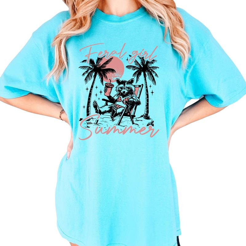 Feral Girl Summer Shirt, Funny Beach Raccoon Shirt Vintage, Retro Raccoon Meme Tee, Summer Vacation Shirt For Girls,...