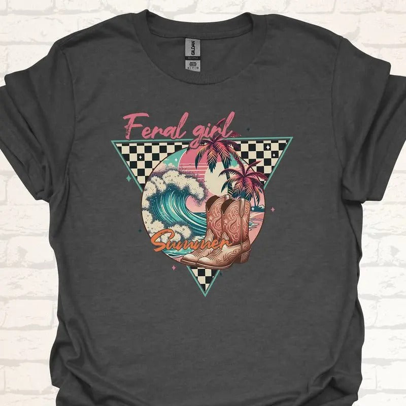 Feral Girl Summer T-Shirt - Retro Cowboy Boots and Tropical Vibes - Perfect Vacation Shirt for Women - Funny Girlfriend Gift