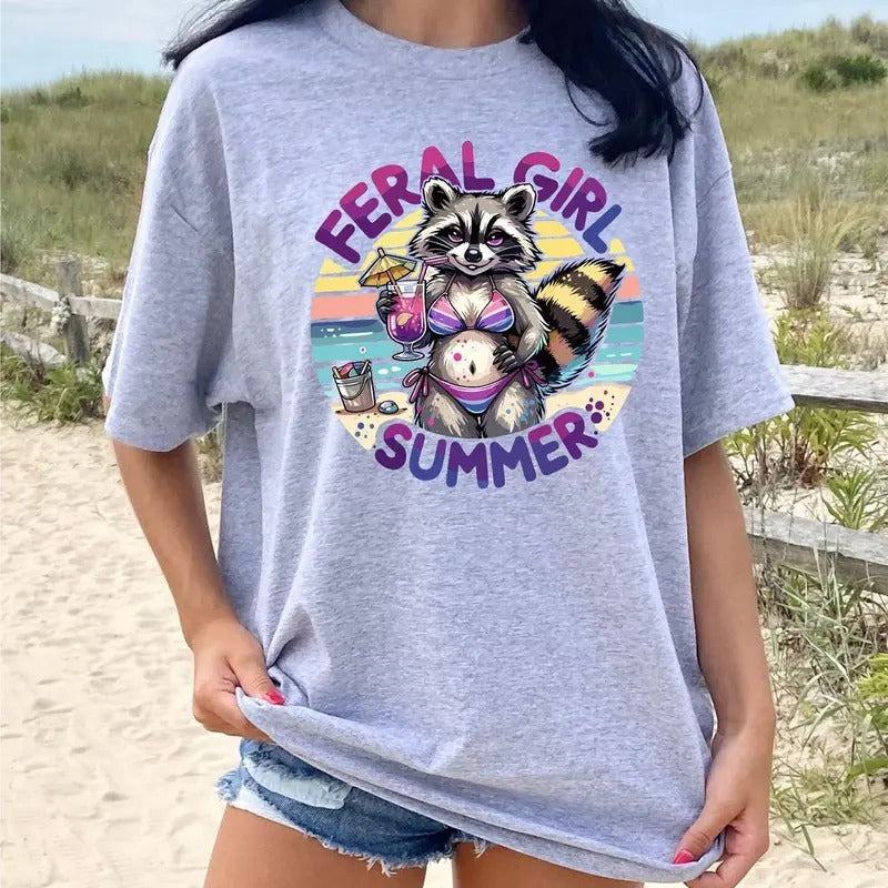 Feral Girl Summer T-shirt: Funny Racoon Sarcastic Feral Vintage Rock n Possum