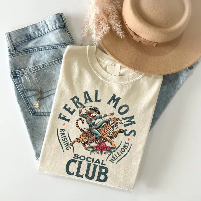 Feral Moms Soc!al Clu.b Shirt, Vintage Graphic Tee, Feral Mom Gift, Somebody's Feral Wife, Mother Life Tshirt, Trendy Mom...