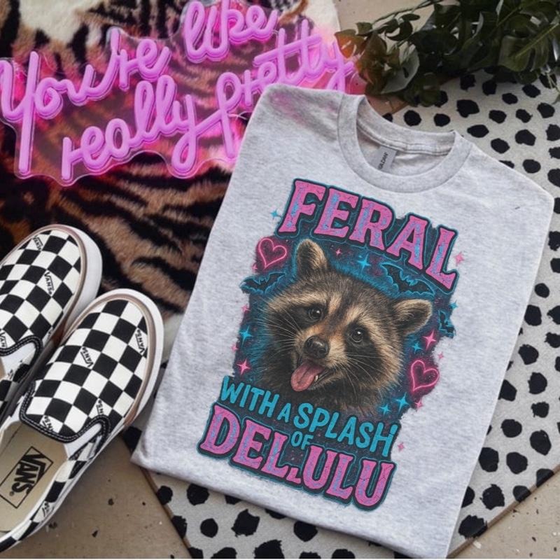 Feral With A Splash Of Delulu Ash Grey T-Shirt - Bleached - Gildan - Unise Hoodie, Sweatshirt | UrbanDripWear.com