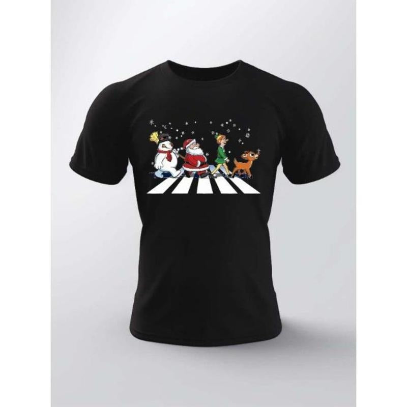 Festive Christmas Santa And Elf Zebra Crossing Graphic Print Tee - T-Shirts For Men