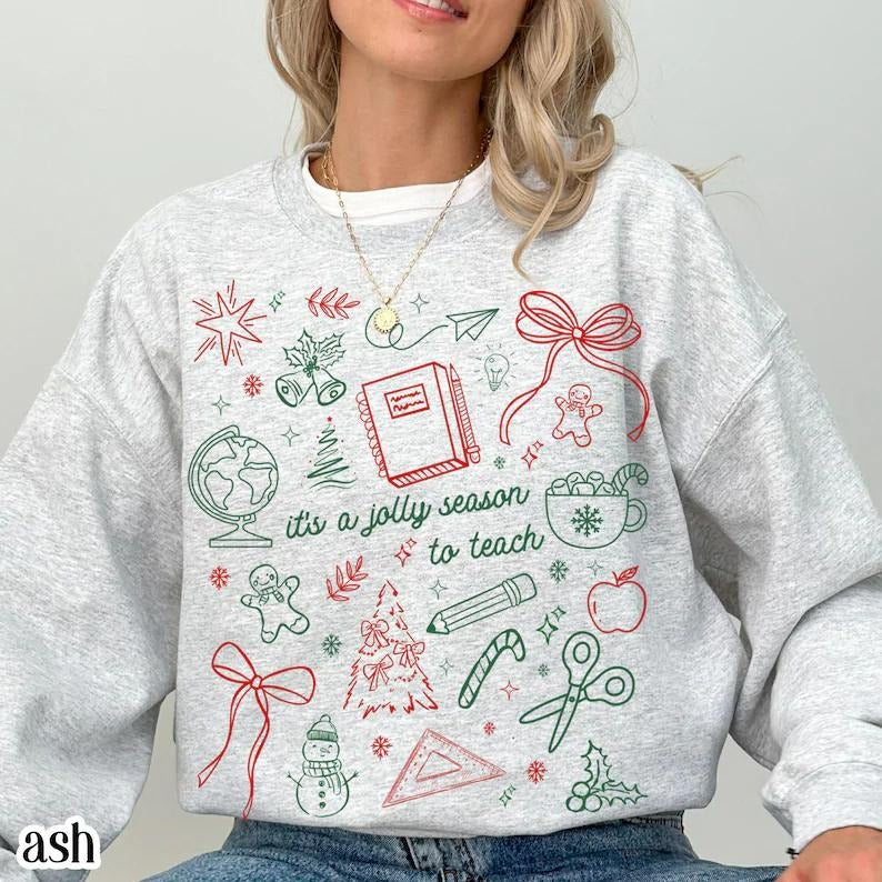 Festive Christmas Teacher Shirt For Preschool Teach Style Holiday Season Outfit Cute Xmas Pullover Top For Women Perfect...