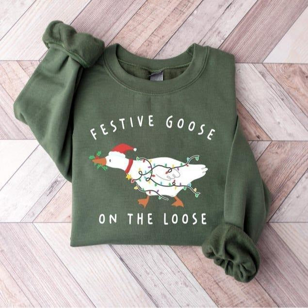 Festive Goose On The Loose Christmas Funny Goose Holiday Sweatshirt, Cute Xmas Duck Shirt, Silly Goose Hoodie, Xmas Gift...