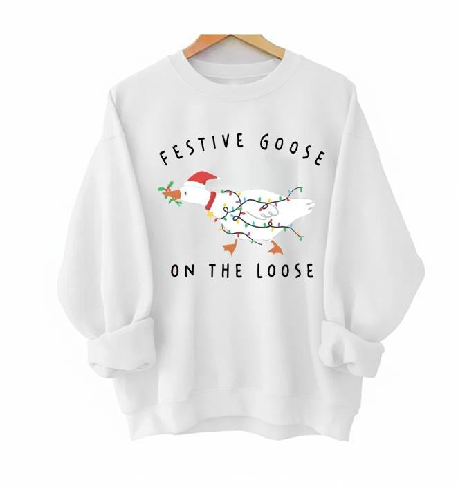 Festive Goose On The Loose Christmas Sweatshirt, Funny Goose Holiday T-Shirt, Cute Xmas Duck Shirt, Silly Goose Christmas...