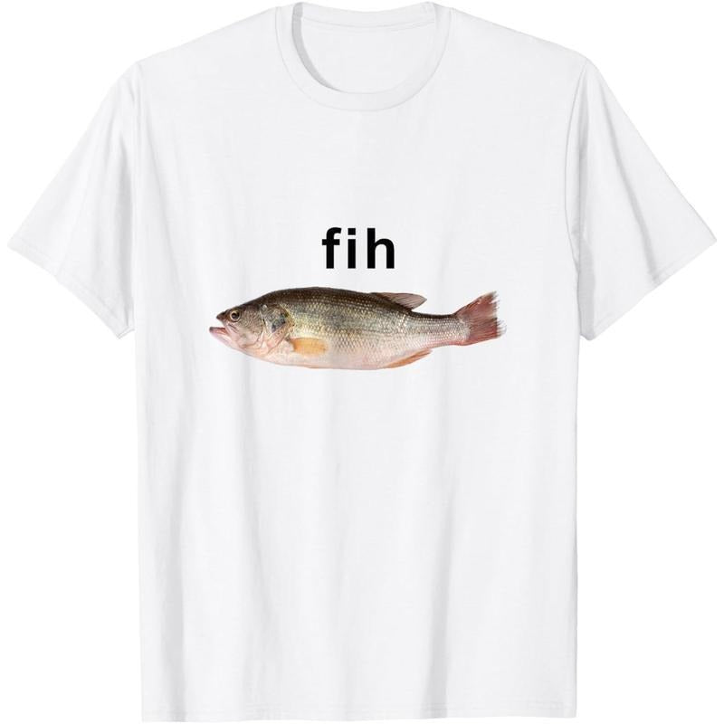 "Fih" Funny Misspelled Fish Meme Simple Humor T-Shirt Casual Crewneck Tropical Tshirt for Men Hoodie, Sweatshirt