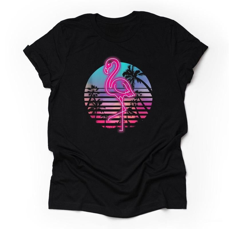Flamingo Tee, Super Fun Retro 80s Flamingo T-Shirt, Neon Flamingo and Palm Trees Design Hoodie, Sweatshirt