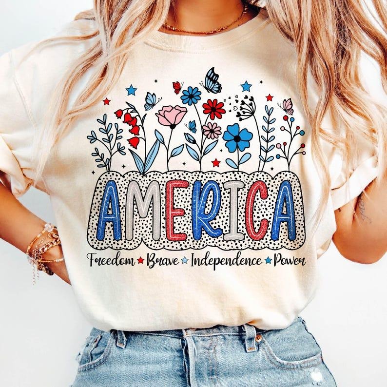 Floral America T-shirt, Floral Brushstroke USA tshirt, Retro America sweatshirt, 4th Of July tshirt, 4th Of July...