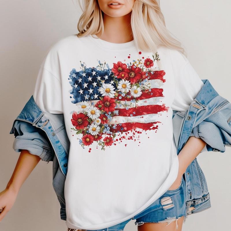 Floral American Flag Shirt, 4th of July America Crewneck, Patriotic Coquette 4th Of July Shirt, Retro 4th of July Graphic...