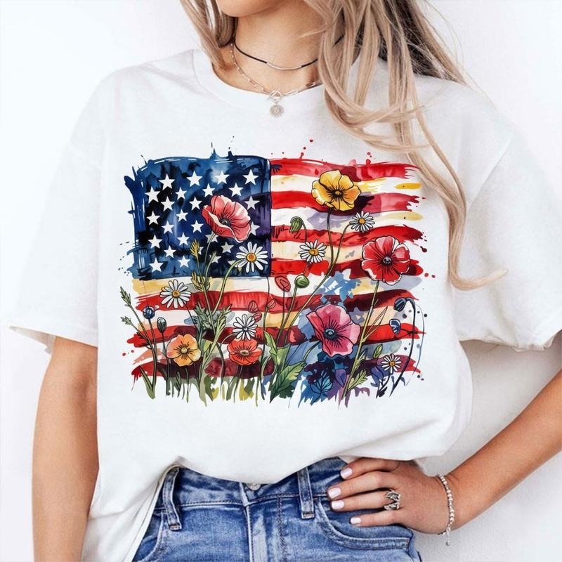 Floral American Flag T-Shirt, Sweatshirt, Boho Wildflower USA Graphic, Poppy and Daisy 4th of July Patriotic Shirt for...