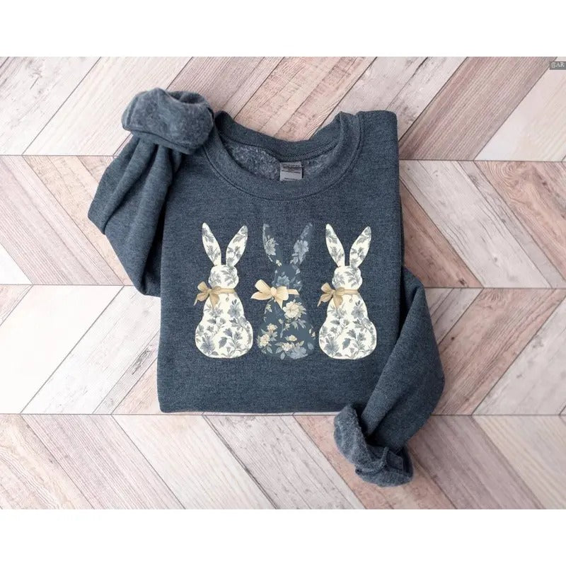 Floral Blue Bunny Sweatshirt, Cute Easter Bow Crewneck, Retro Crewneck, Gift For Lovers,, Trendy Top T-Shirts, Hoodie