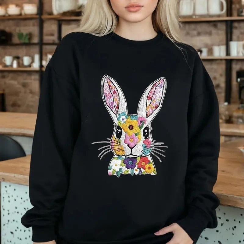 Floral Bunny Easter Sweatshirt Casual Street Style Fleece Fabric Crewneck Pullover Sweatshirt Tops Trendy for Women for...