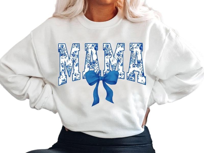 Floral Coquette Bow Mama Sweatshirt, Blue Bow Mothers Day Gift, Flower Lettering Mom Hoodie, Retro New Mom Gift, Unisex...