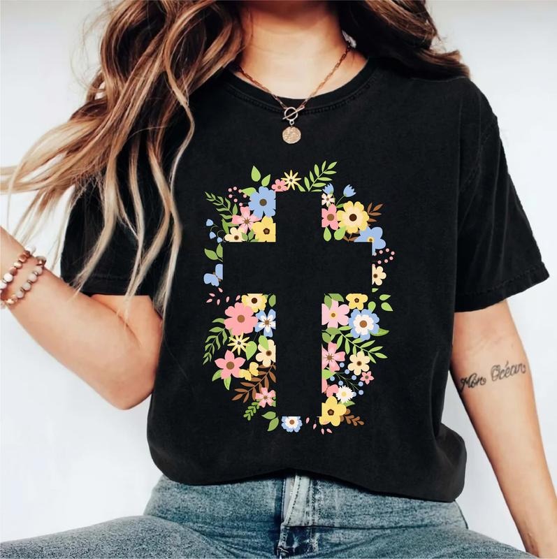 Floral Cross Shirt, Christian Easter T-shirt, Religious Tee For Mom, Easter Gift For Woman, Marian Catholic Short Sleeve,...