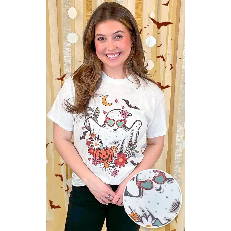 Floral Ghost Rhinestone Graphic Shirt Hoodie, Sweatshirt | UrbanDripWear.com