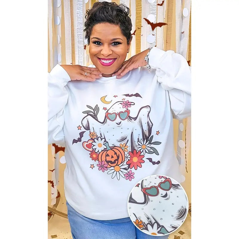 Floral Ghost Rhinestone Graphic Sweatshirt T-Shirts, Hoodie | UrbanDripWear.com