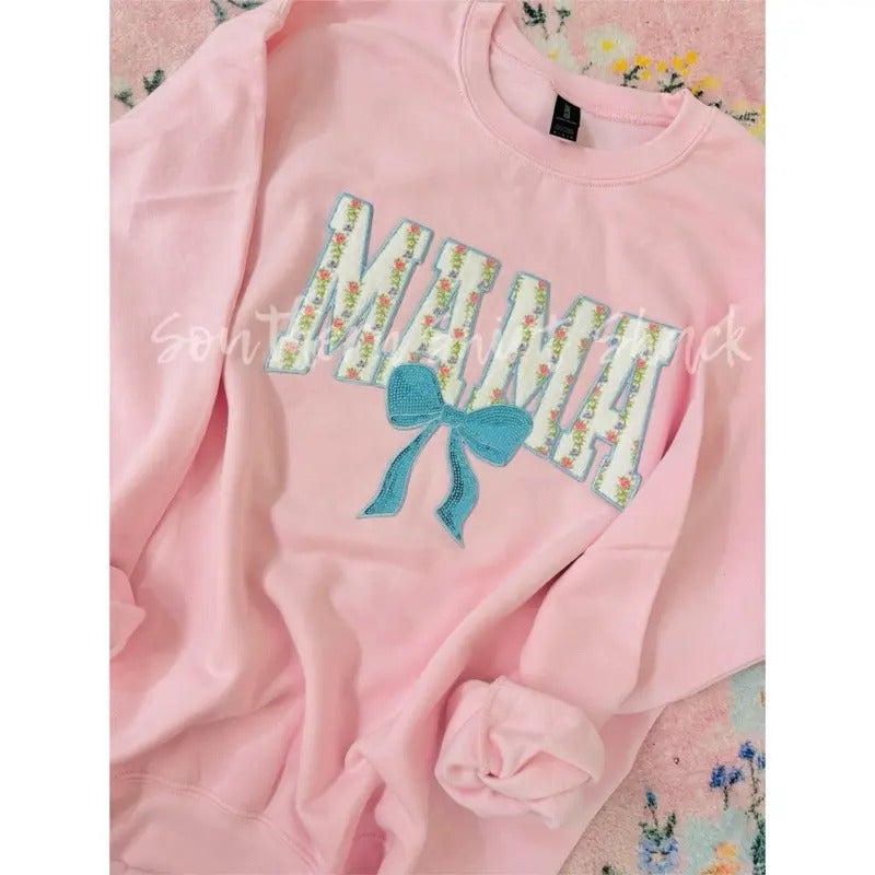 Floral Mama Bow Patch Sweatshirt | Grand Millennial Mama Sweatshirt | Coquette Mama Sweatshirt graphic shirt unisex style...