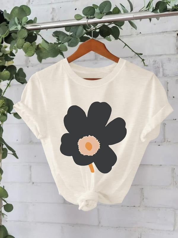 Floral Print Retro Women's Summer Casual T-Shirt, Short Sleeve Comfortable Breathable Top, Fitted Style Available S-Xxl...