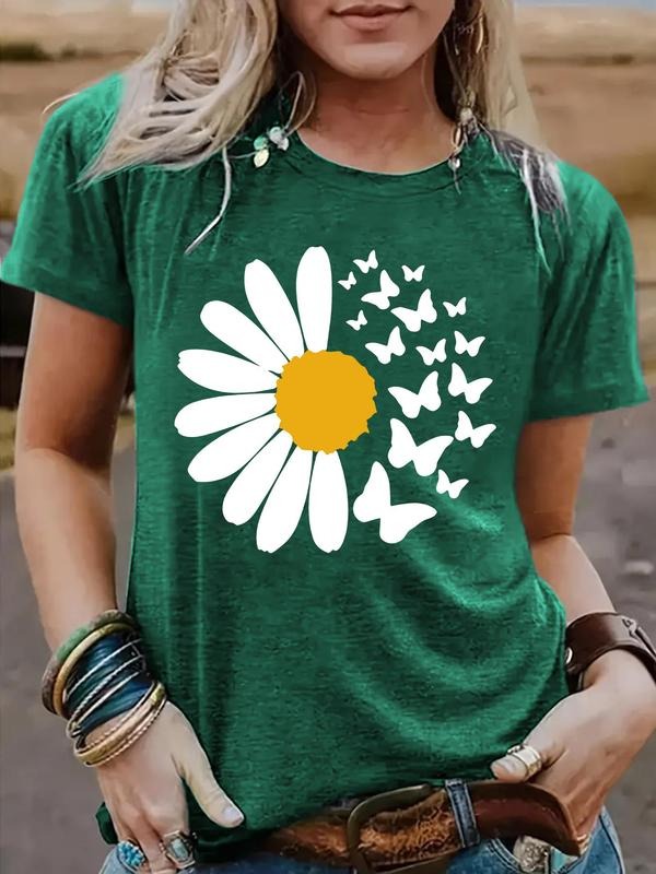 Floral Print Vintage Style Women's Summer Casual Sporty Shirt Round Neck Short Sleeve T-Shirt S-XXL, Knit Fabric, Fitted...