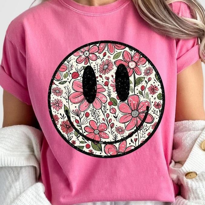 Floral Smiling Comfort Shirt, Retro Smiling Tee, Be Kind Shirts For Women, Mental Health Shirt, Vintage Smiling Tee, Cute...