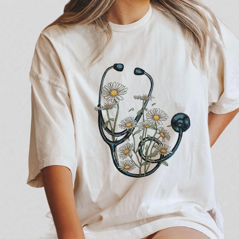 Floral Stethoscope T-Shirt, Nurse Stethoscope Shirts, Shirt For Nurse, Comfort Color Nurse Shirts, Nurse Daisy Flower...