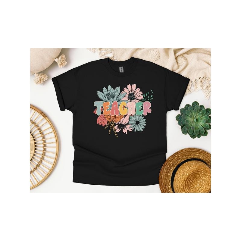 Floral Teacher T-Shirt, Boho Flowers Print Teacher Shirt, Flower Teacher Tee, Comfortable 100% Cotton T-Shirt,Heavy...