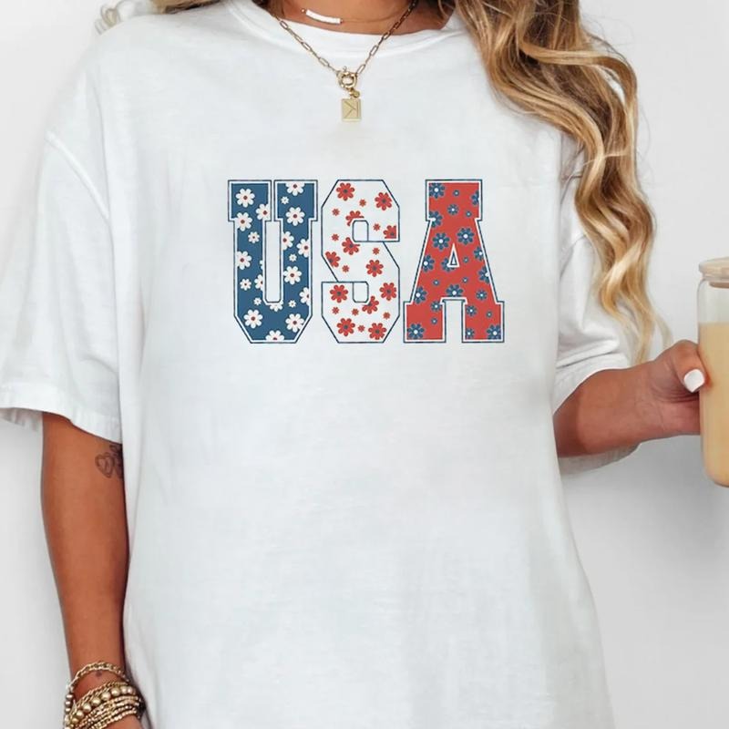 Floral USA Logo Print 4th Of July Party TShirt, America Independence and Memorial Day Gifts, Unisex Short Sleeve Cotton...