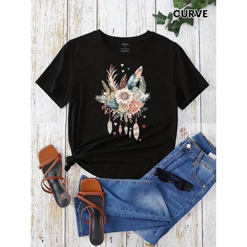 Flower & Feather Print T-shirt, Casual Short Sleeve Crew Neck T-shirt For Spring & Summer, Women's Clothing Hoodie,...