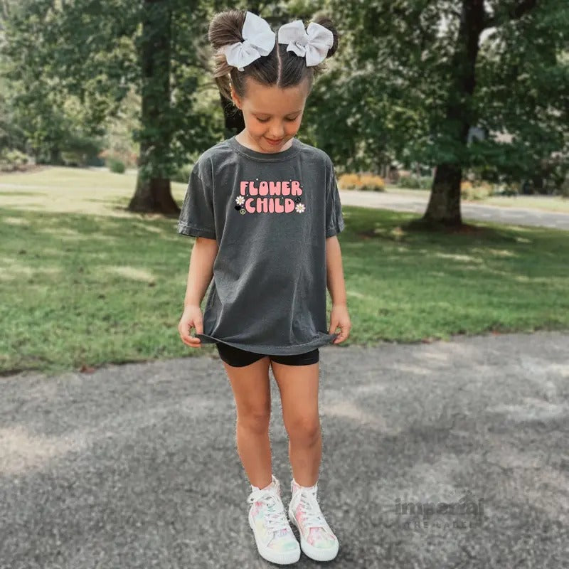 Flower Child Youth Sweatshirt and Kid's Comfort Colors T-Shirt, Cozy Floral Sweatshirt, Aesthetic 70s-Inspired Kids...