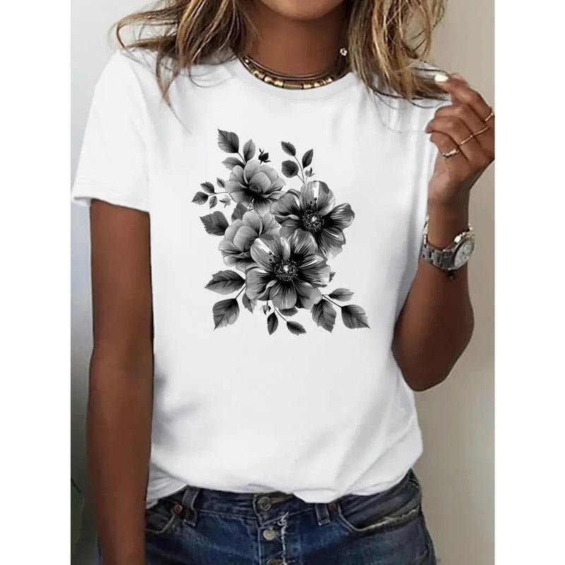 Flower Printing Creative T-Shirt, Spring And Summer Casual Short-Sleeved Shirt, Women'S Wear style 02 Hoodie, Sweatshirt