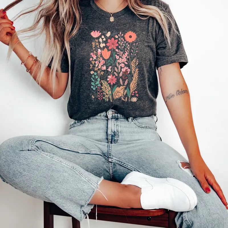 Flower Shirts,Aesthetic Wild Flower Shirt, Botanical Floral,Minimalist Shirts for Women,Botanical Shirt, Nature Lover...