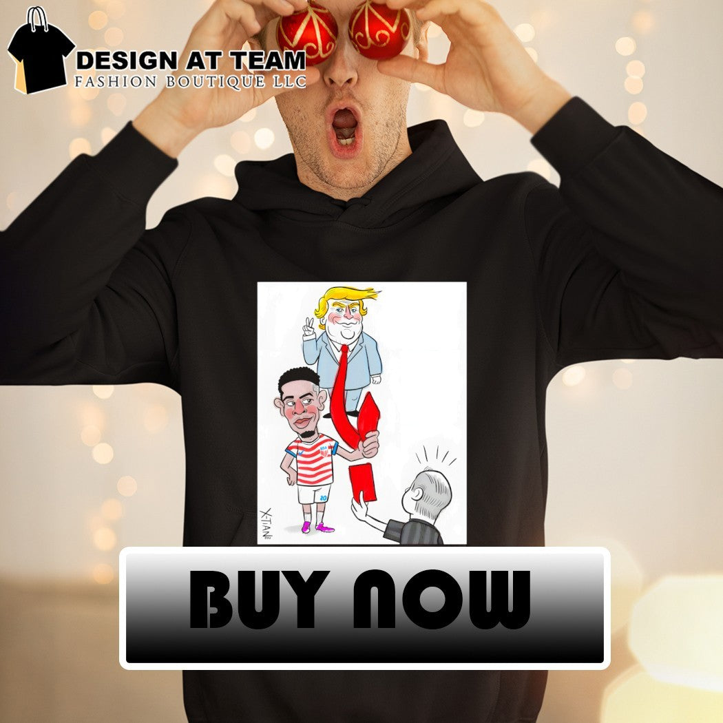 Folarin Balogun cartoon holding Trump tie Red Card World Cup 2026 shirt