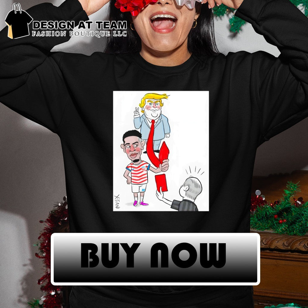 Folarin Balogun cartoon holding Trump tie Red Card World Cup 2026 shirt