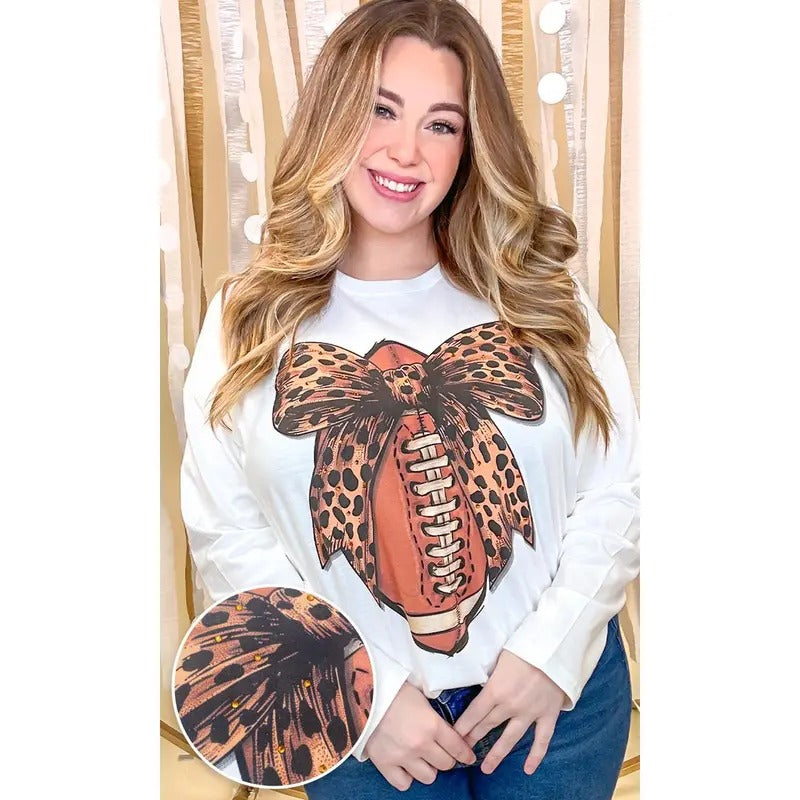 Football Cheetah Bow Rhinestone Graphic Long Sleeve Shirt Hoodie, Sweatshirt | UrbanDripWear.com