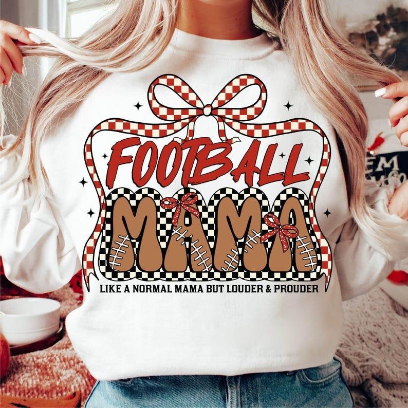 Football Mama Sweatshirt Coquette Bow Checkered Football Mom Game Day Sports Retro Football T-Shirts, Hoodie