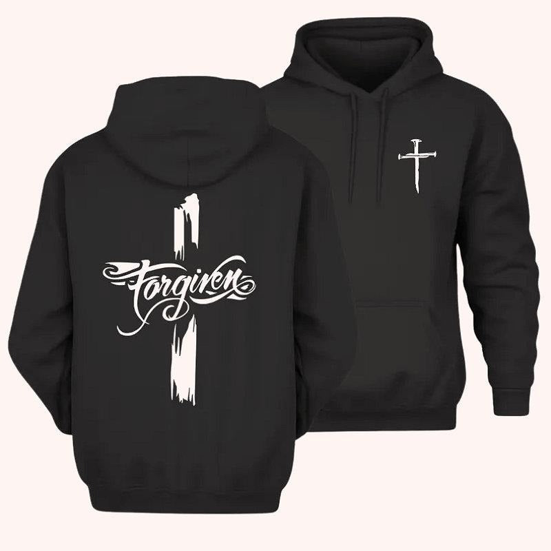 Forgiven Cross Christian 2 Sided Graphic Hoodie Fleece Fabric Casual Hooded Sweatshirt Trendy Tops Perfect Gift T-Shirts