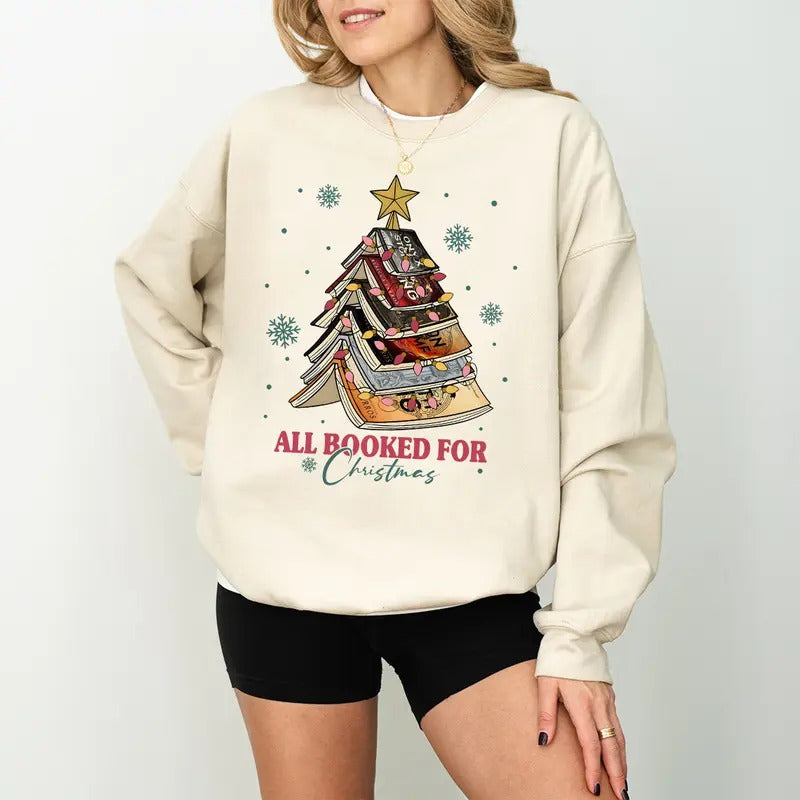 Fourth Wings Christmas Tree Sweatshirt, All Booked For Christmas Sweatshirt, Vintage Christmas Shirt, Bookworm Christmas...