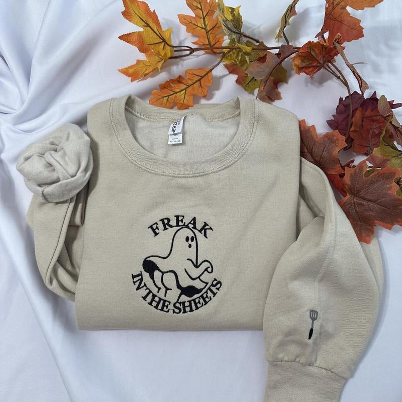Freak in the sheets Ghost embroidered crewneck, Halloween embroidered crewneck, Funny Halloween sweatshirt Cotton Casual...