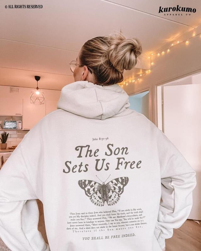 Free Indeed Bible Verse Hoodie Christian Butterfly Sweatshirt Cotton Menswear T-Shirts | UrbanDripWear.com