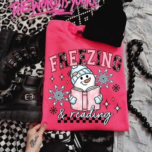 Freezing & Reading Snowman + Faux Patch Beanie Crewneck Sweatshirt, Heliconia, Womenwear, Casual, Cute Graphic