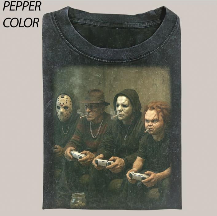 Friends Horror Characters Playing Game Vintage 90's Graphic Unisex Shirt, Funny Horror Characters T-shirt, Michael Myers...