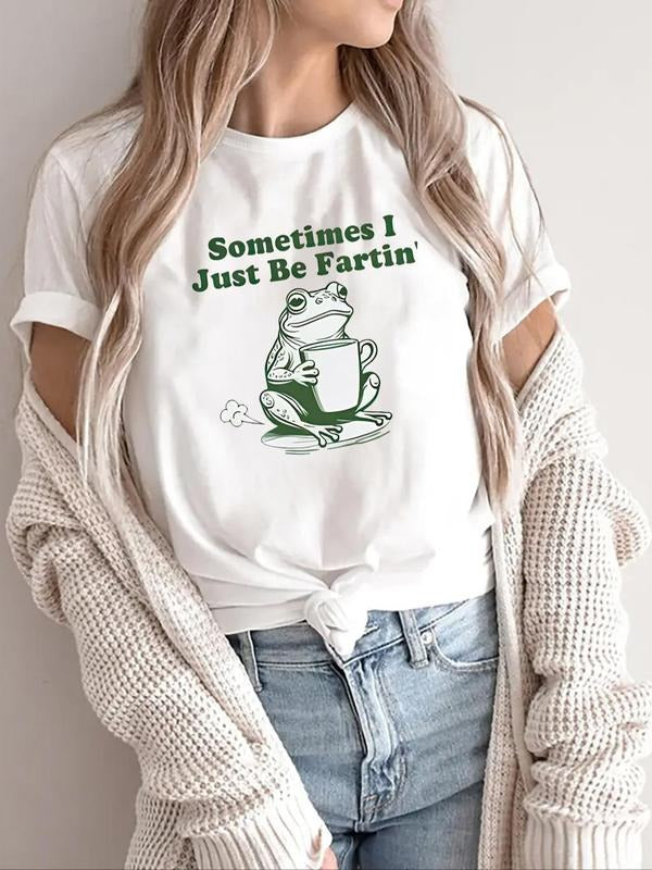 Frog & Coffee Print Round Neck Tee, Fashion Casual Crew Neck T-Shirt for Daily Holiday Vacation Outdoor Wear, Ladies...