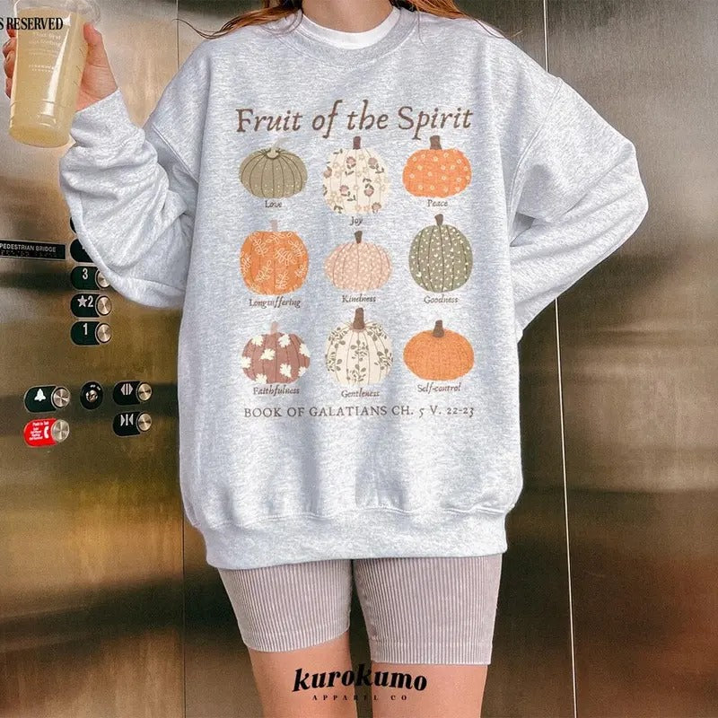 Fruit of the Spirit Bible Verse Crewneck Pumpkin Botanical Sweatshirt Cotton Womenswear T-Shirts, Hoodie | UrbanDripWear.com