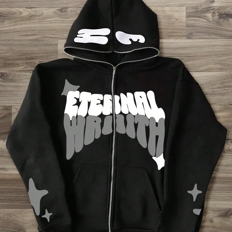 Full Zip Y2K Hoodie Graphic Lettter Print Long Sleeve Fashion Jacket Hooded Sweatshirt T-Shirts | UrbanDripWear.com