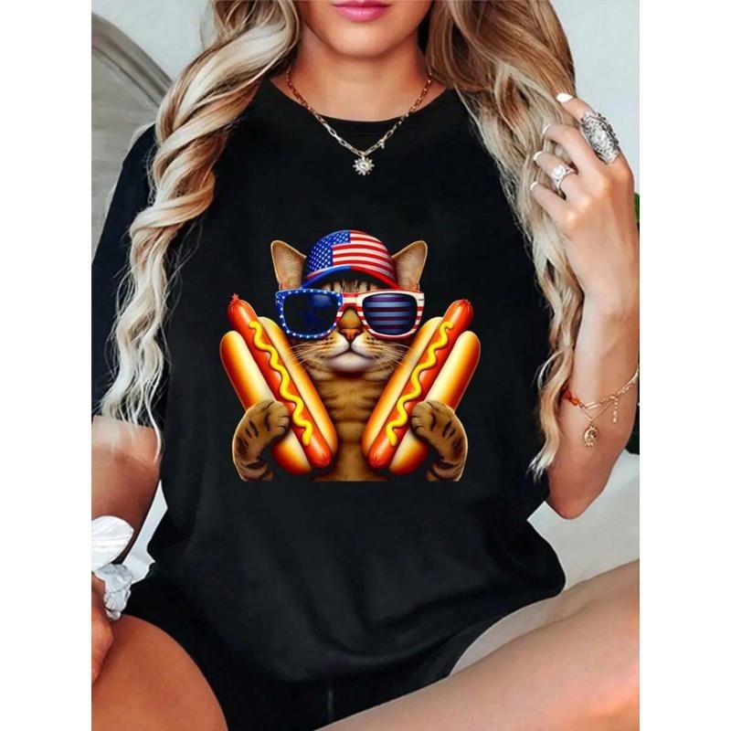Fun - Loving T - Shirt with a Cool Cat Sporting American