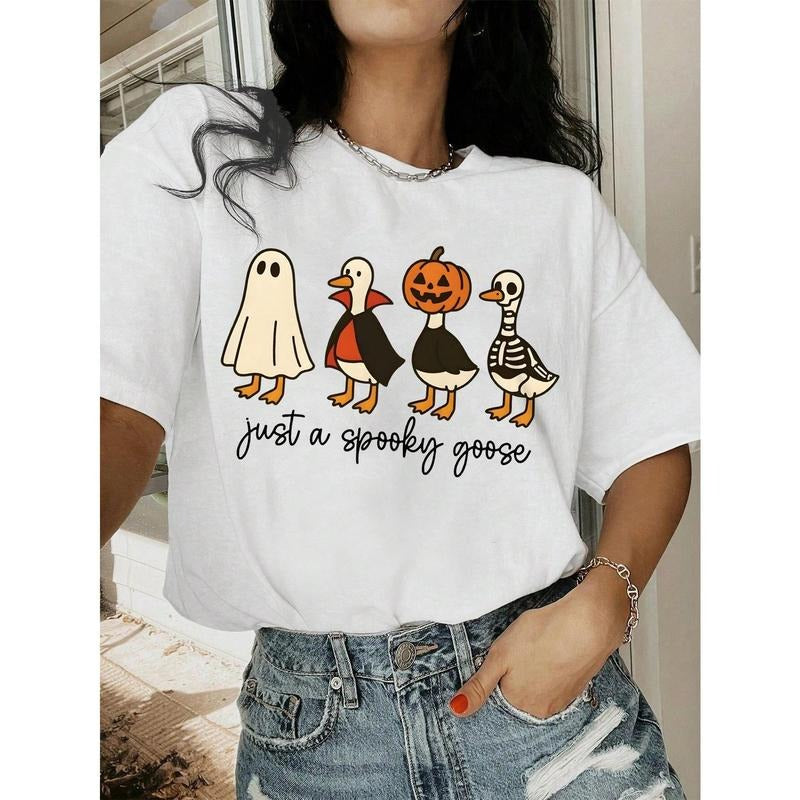 Fun Halloween Goose Print Pattern Pure Cotton T-Shirt; Just A Creepy Goose, Goose In Halloween Costume Sublimation, Cute...